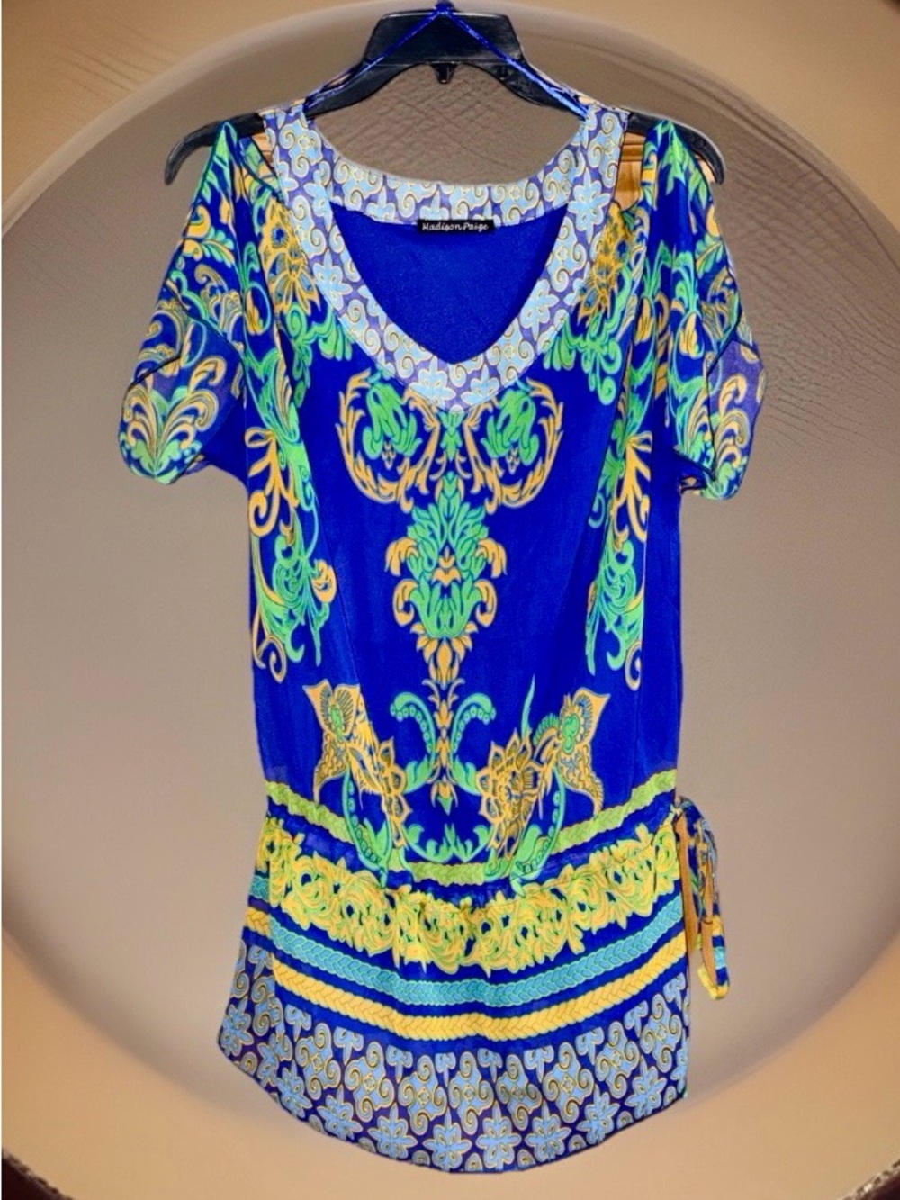 NWT Madison Paige Royal Blue Paisley Printed Tunic with Tie Waist-M